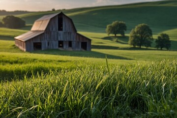 Old barn in the field with rolling green hills in the background