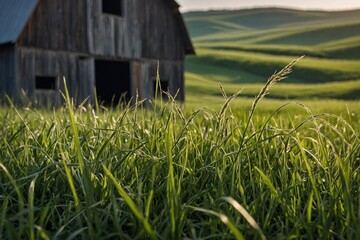 macro shot of grass with a barn in field and rolling hills in the background