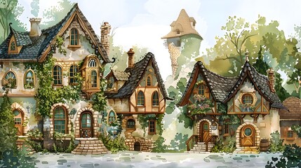 Enchanting Storybook Cottages in a Picturesque Watercolor Village Landscape
