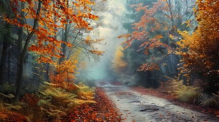Enchanting Autumnal Forest Path in Misty Morning Light
