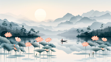 A flat boat paddles across a river surrounded by green lotus leaves.