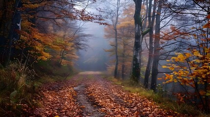 Enchanting Autumn Forest Path in Misty Morning Light