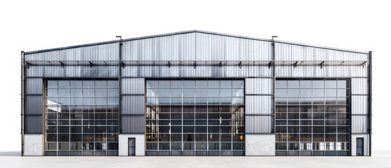 Modern industrial warehouse exterior with large glass doors and steel structure, showcasing spacious and functional architectural design.