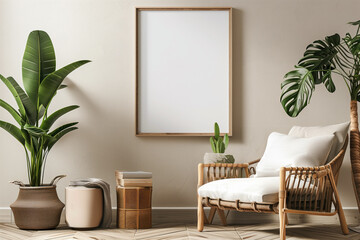 Interior with natural elements and blank frame
