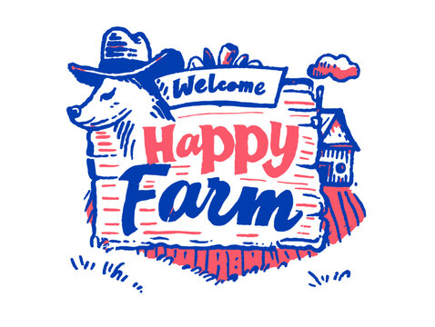 Vector Illustration of Dog Wearing Cowboy Hat Drawing with a "Happy Farm" sign