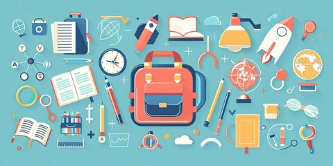 Colorful School Supplies and Icons in Flat Style