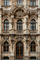 Obraz premium Closeup view of an ornate historic building facade with detailed stonework and arched windows, showcasing classical architectural beauty.