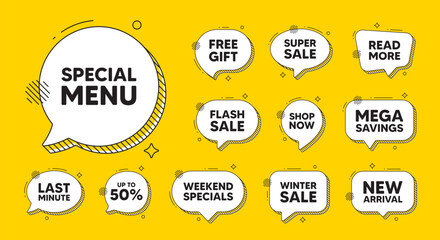 Obraz premium Offer speech bubble icons. Special menu tag. Kitchen food offer. Restaurant menu. Special menu chat offer. Speech bubble discount banner. Text box balloon. Vector