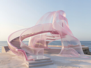 Pink Sculpture Adorning Beach Near Ocean