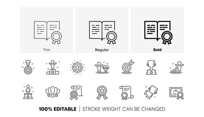 Certificate, winner cup, goal target. Success line icons set. Reward, medal with ribbon, crown icons. Award, winner podium, first place success. Statue, diploma with certificate, challenge. Vector