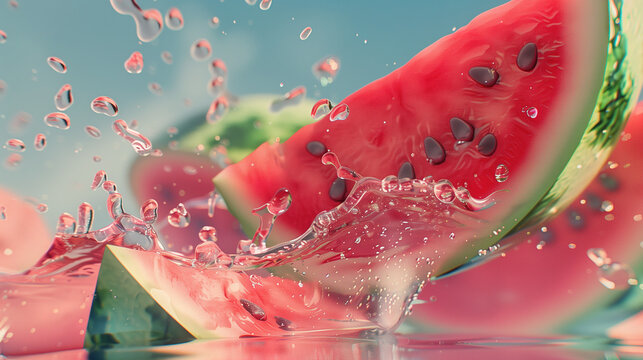 Watermelon Slice Falling Into Water