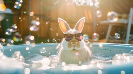 Chill Bunny: Playful White Rabbit Relaxing in Sunglasses Hot Tub