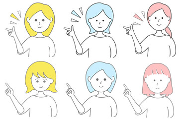ポイントを指差して笑顔で説明する女性のセットイラスト
