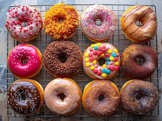 Sweet Temptation - Assortment of Colorful Donuts with Toppings on Wire Cooling Rack