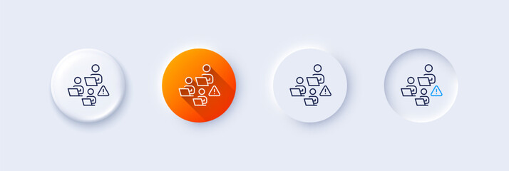 Teamwork line icon. Neumorphic, Orange gradient, 3d pin buttons. Remote office sign. Team employees symbol. Line icons. Neumorphic buttons with outline signs. Vector