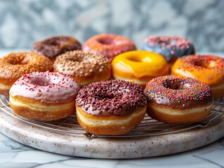 Sweet Temptation - Assorted Colorful Donuts with Toppings on Wire Cooling Rack against Light Background