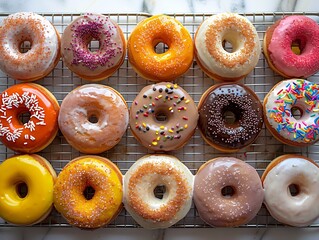 Sweet Delights: Colorful Donuts with Toppings on Wire Cooling Rack
