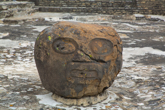 Caved Stone Head made by Indigenous People, Archaeological Zone of Cholula, Cholula, State of Puebla