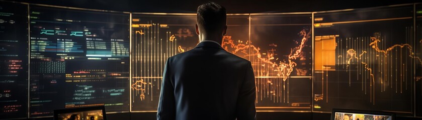 Fototapeta premium Back view of a financial analyst looking at charts of market trends affecting gold prices selective focus, investment insights, ethereal, overlay, modern office backdrop