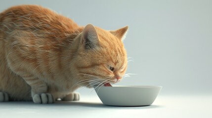 A Funny Fat Cat Eating from a Food Bowl, Isolated on Solid Background

