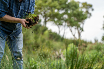farmer wearing blue shirt and jeans, farmer holding soil, doing soil tests in a home laboratory. Looking at soil life and health