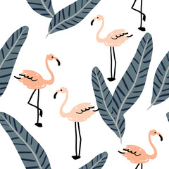 Tropical pink flamingo, palm leaves, white background. Vector illustration. Seamless pattern. Exotic plants, birds. Summer beach design. Paradise nature