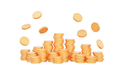 Stacks coins saving money deposit fund earning stock trading income business investment grow budget bank interest, economy, debt, tax management on isolated background. 3d rendering