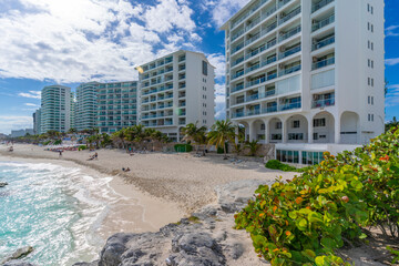 View of hotels and beach, Hotel Zone, Cancun, Caribbean Coast, Yucatan Peninsula, Riviera Maya