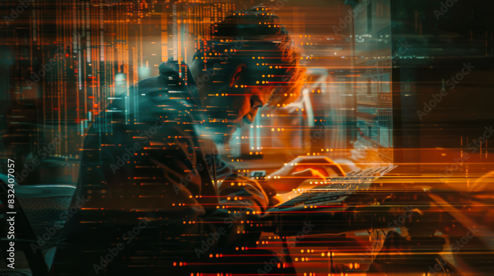 Aufkleber close-up of the face of a person sitting at a modern digital laptop with a digital screen transformi