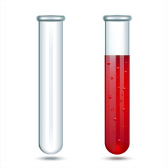Glass laboratory test tube with red liquid. Blood test tube glass design. Empty tube without liquid. Laboratory glassware, biology, medicine and pharmaceuticals. Object on a white background. Vector