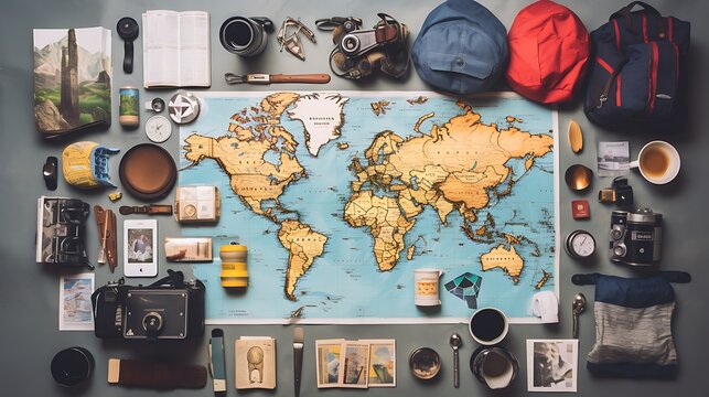 Creative flat lay of travel essentials forming a world map, including passports, cameras, and souvenirs
