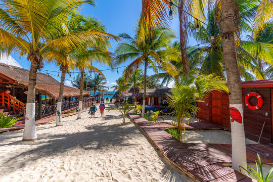 View of restaurants and beach bar at Puerto Morelos, Caribbean Coast, Yucatan Peninsula, Riviera Maya