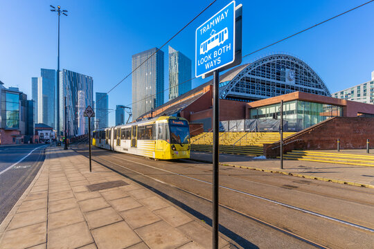View of apartment buildings, city tram and Manchester Central Convention Complex, Manchester, Lancashire, England