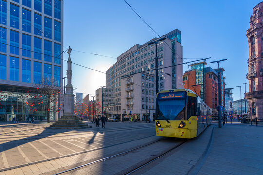 View of city tram in St. Peter's Square, Manchester, Lancashire, England