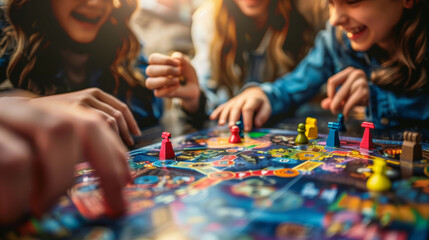 Fototapeta premium A group of friends playing a colorful board game, having fun and enjoying quality time together on a cozy evening.