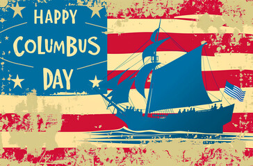 Vector illustration of a sailing ship and USA flag, celebrating Columbus Day, commemorating the discovery of America. Theme of travel and discovery.