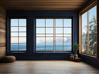 Fototapeta premium empty room with window view, empty, floor, building, glass, indoor, apartment,Ai generated 