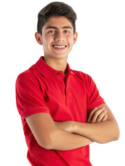 Latin American 18 years old male employee wearing red polo t-shirt. Posing with arms crossed over isolated transparent background