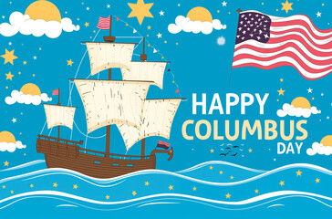 Vector illustration of a sailing ship and USA flag, celebrating Columbus Day, commemorating the discovery of America. Theme of travel and discovery.