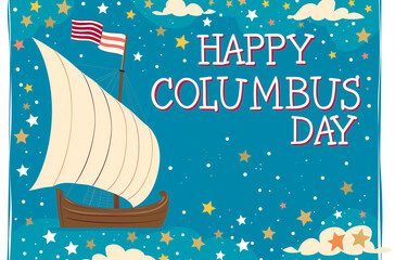 Vector illustration of a sailing ship and USA flag, celebrating Columbus Day, commemorating the discovery of America. Theme of travel and discovery.