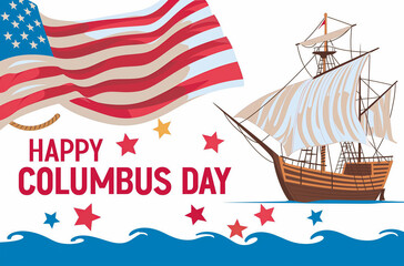 Vector illustration of a sailing ship and USA flag, celebrating Columbus Day, commemorating the discovery of America. Theme of travel and discovery.