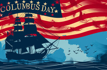 Vector illustration of a sailing ship and USA flag, celebrating Columbus Day, commemorating the discovery of America. Theme of travel and discovery.