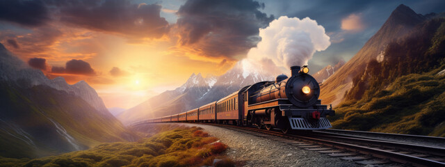 Steam train traveling through mountains at sunset with dramatic sky