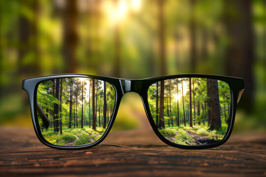 A black-framed glasses focuses on a vibrant forest landscape, set against a blurred background of greenery. Shallow depth of field