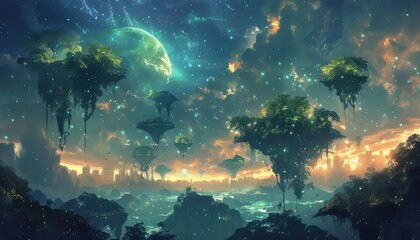 Fototapeta premium Lush alien planet with bioluminescent plants and floating islands, rich greens and blues, digital art, fantastical and surreal,