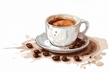 Coffee Cup with Coffee Beans Illustration. A detailed illustration of a coffee cup with coffee beans on a light background, showcasing a splash effect and vibrant colors.