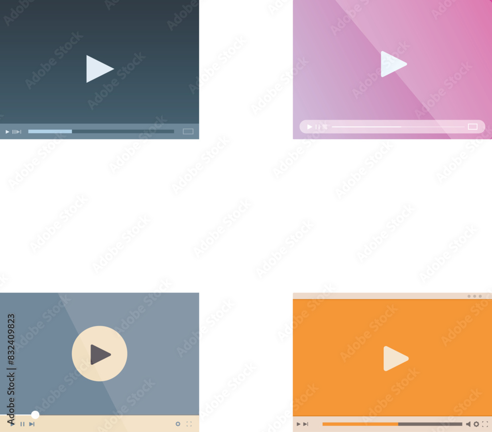 Poster collection of four sleek video player interfaces with play buttons, in a flat design style