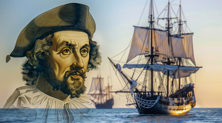 Christopher Columbus in front of his ship, with an overlay of sailing ships, commemorating Columbus Day and the discovery of America.