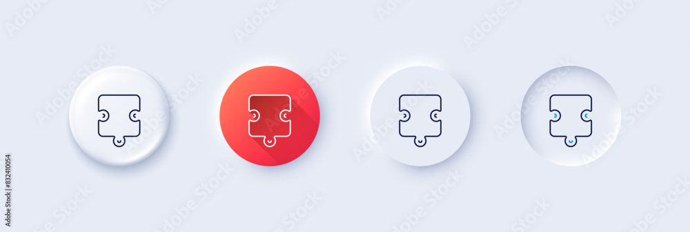 Poster puzzle piece line icon. neumorphic, red gradient, 3d pin buttons. jigsaw game shape sign. business s