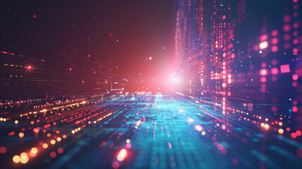 Obraz premium Futuristic digital data stream with vibrant neon lights and technological imagery, representing innovation, cyber themes, and rapid information flow.